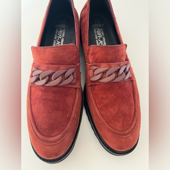Mephisto Salka Rust Red Velvet Leather Slip-On Chain Detail Lug Sole Loafers - Picture 5 of 13